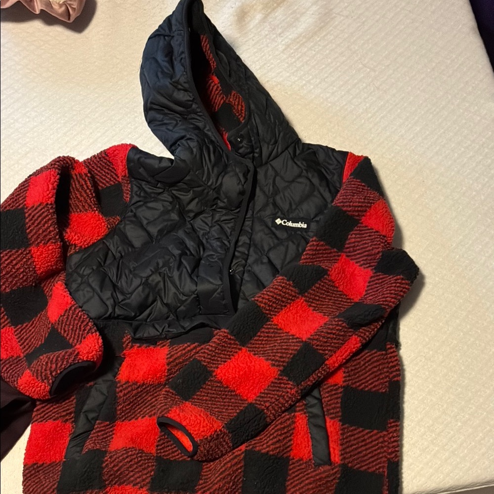 Columbia Black and Red Buffalo Plaid Hooded Fleece Jacket